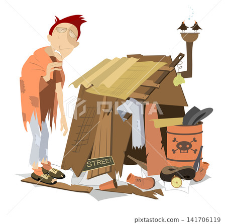 Sad beggar stands near his poor home. Man homeless. Hungry and chilled man stands near dwelling Sad beggar stands near his poor home. Man homeless. Hungry and chilled man stands near dwelling 141706119