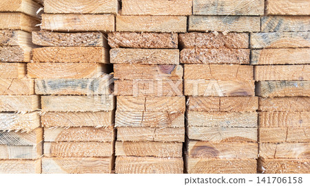 Sawn Timber Board Ends Texture and Background at Woodworking Factory 141706158