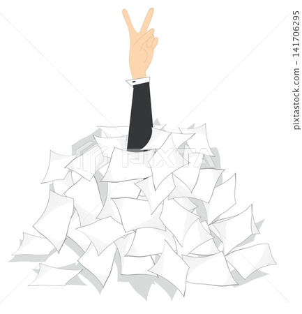 Hand with victory gesture arising from a pile of papers. File clerk under huge pile of papers showing victory gesture Hand with victory gesture arising from a pile of papers. File clerk under huge pile of papers showing victory gesture 141706295