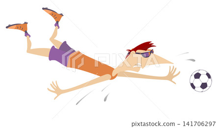 A football player is lying on a football field.  Violation. Falling down football player 141706297