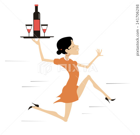 Running woman holding a tray with a bottle and two glasses. Server young woman. Running woman holds a tray with a bottle and footed tumblers above the head Running woman holding a tray with a bottle and two glasses. Server young woman. Running woman holds a tray with a bottle and footed tumblers above the head 141706298