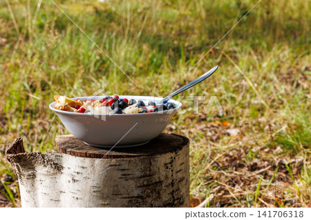 Wild berry muesli breakfast on birch stump in finnish forest near Hamina, Finland. Rustic outdoor breakfast. Wild berry muesli breakfast on birch stump in finnish forest near Hamina, Finland. Rustic outdoor breakfast. 141706318