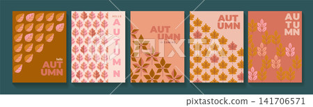 Set of autumn geometric flyers. Seasonal template modern design for autumn festival.Fall themed covers with autumn patterns.Design for print, flyers, social media, web, sales, ads.Vector illustration. 141706571
