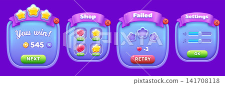 Playful Blue Game UI Vector Set with Cartoon Interface Elements, Buttons, Panels, Icons, Frames, Progress Bars, Popups, Windows, Badges, and Modern Casual Mobile Gaming Design 141708118