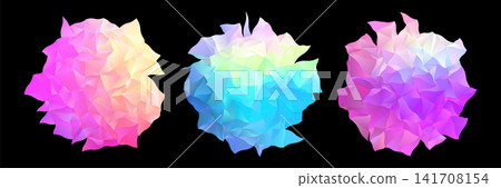Collection of Three Abstract Holographic Low Poly Geometric Crystal Shapes with Colorful Iridescent Gradient Facets on White Background 141708154