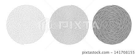Set of three hand-drawn circular spiral line art shapes with concentric swirling rings in varying stroke weights isolated on white background Set of three hand-drawn circular spiral line art shapes with concentric swirling rings in varying stroke weights isolated on white background 141708155