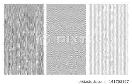 Collection of three black and white abstract vertical wavy zigzag and crosshatch fine line pattern textures with varying densities isolated on white background Collection of three black and white abstract vertical wavy zigzag and crosshatch fine line pattern textures with varying densities isolated on white background 141708157