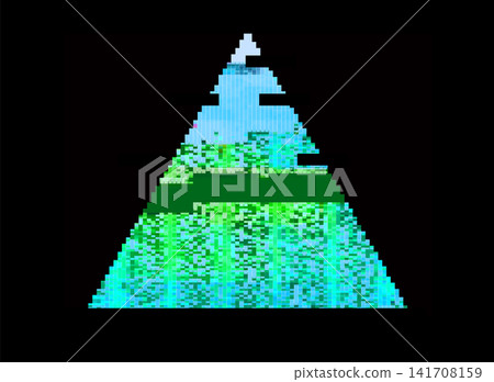 Abstract Pixel Art Neon Green Cyan Pyramid Mountain with Glowing Gradient Layers and Dark Green Stripe 141708159