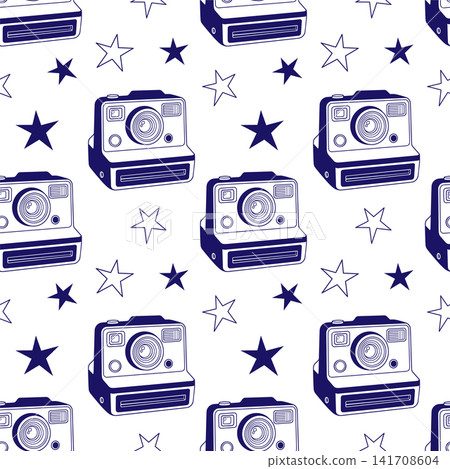 Seamless pattern with retro instant camera and stars in hand drawn outline style on white background. Vector design Photo Thematic wallpaper backdrop, textiles, wrapping paper, packaging and scrapbook Seamless pattern with retro instant camera and stars in hand drawn outline style on white background. Vector design Photo Thematic wallpaper backdrop, textiles, wrapping paper, packaging and scrapbook 141708604