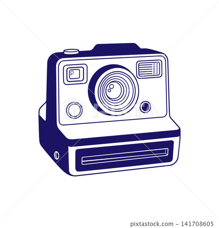 Retro instant camera in hand drawn outline style isolated on white background for photography projects. Vector illustration for stickers, logos, photo branding, social media and creative projects. 141708605