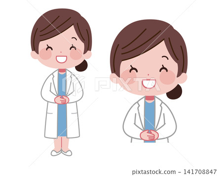 A set of illustrations of a female doctor in a white coat greeting with her hands clasped together and a smile. A set of illustrations of a female doctor in a white coat greeting with her hands clasped together and a smile. 141708847