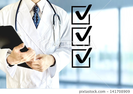 Doctor confirming the test items Doctor confirming the test items 141708909