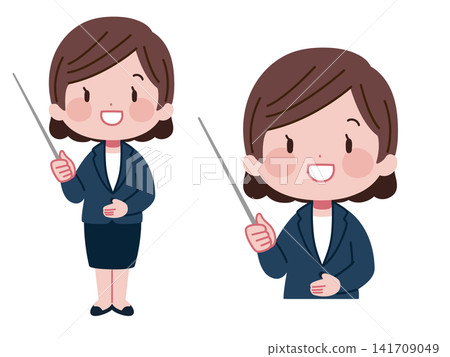Illustration set of a female office worker (full body and upper body) explaining with a pointer stick. Illustration set of a female office worker (full body and upper body) explaining with a pointer stick. 141709049