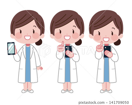 A set of illustrations of a female doctor giving instructions on using a smartphone. A set of illustrations of a female doctor giving instructions on using a smartphone. 141709050