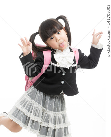 Adorable Little Asian Schoolgirl with Pink Backpack Isolated on White Background, Back to School Concept, Cute Child in Uniform Posing with Different Expressions Adorable Little Asian Schoolgirl with Pink Backpack Isolated on White Background, Back to School Concept, Cute Child in Uniform Posing with Different Expressions 141709302