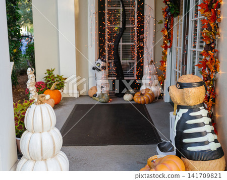 A festive front porch is decorated with pumpkins, Halloween lights, wreaths, and seasonal ornaments. Decorative dog and cat figures add a playful touch to the autumn holiday display. 141709821