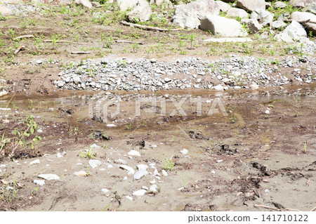 A muddy riverbed and a landscape of stones after the rain. 141710122