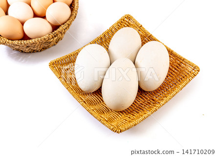 fresh Large White Goose Eggs Compared With Brown Chicken Eggs 141710209