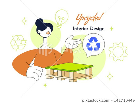 Upcycled Interior Design Illustration Featuring Creative Furniture Makeover, Recycled Materials, Sustainable Home Decor, DIY Craft, and Eco Living Upcycled Interior Design Illustration Featuring Creative Furniture Makeover, Recycled Materials, Sustainable Home Decor, DIY Craft, and Eco Living 141710449