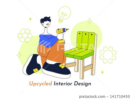 Upcycled Interior Design Illustration Featuring Creative Furniture Makeover, Recycled Materials, Sustainable Home Decor, DIY Craft, and Eco Living Upcycled Interior Design Illustration Featuring Creative Furniture Makeover, Recycled Materials, Sustainable Home Decor, DIY Craft, and Eco Living 141710450