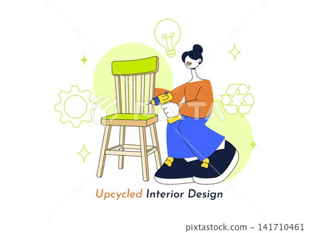 Upcycled Interior Design Illustration Featuring Creative Furniture Makeover, Recycled Materials, Sustainable Home Decor, DIY Craft, and Eco Living Upcycled Interior Design Illustration Featuring Creative Furniture Makeover, Recycled Materials, Sustainable Home Decor, DIY Craft, and Eco Living 141710461