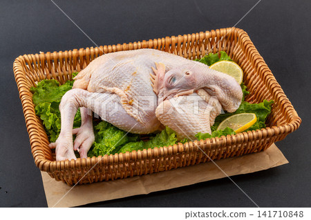 raw whole chicken prepared for roasting and soup broth raw whole chicken prepared for roasting and soup broth 141710848