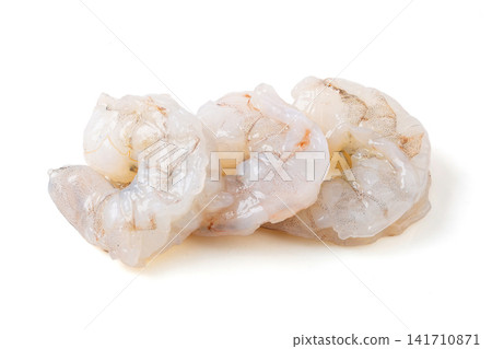 raw shucked peeled shrimp meat showing natural juicy texture raw shucked peeled shrimp meat showing natural juicy texture 141710871