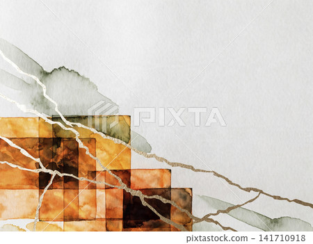 In the lower left corner, a background featuring geometric washi paper in amber and matcha green colors, overlapping with kintsugi lines. In the lower left corner, a background featuring geometric washi paper in amber and matcha green colors, overlapping with kintsugi lines. 141710918