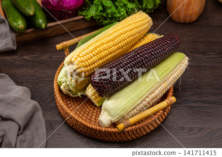 yellow sweet corn and black waxy corn cobs isolated on white background yellow sweet corn and black waxy corn cobs isolated on white background 141711415