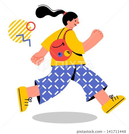 充滿活力地奔跑的年輕女性的流行彩色插圖 充滿活力地奔跑的年輕女性的流行彩色插圖 141711448