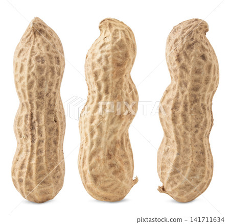 raw unshelled peanuts in a wooden bowl isolated on white background raw unshelled peanuts in a wooden bowl isolated on white background 141711634