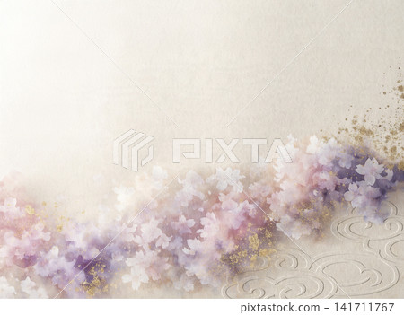 A Japanese modern background with a watercolor mist of cherry blossom pink and wisteria purple and gold powder spreading at the bottom. A Japanese modern background with a watercolor mist of cherry blossom pink and wisteria purple and gold powder spreading at the bottom. 141711767