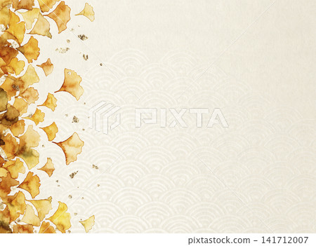 On the left is a Japanese paper background featuring yellow and orange ginkgo-leaf-inspired watercolors and scattered gold leaf. On the left is a Japanese paper background featuring yellow and orange ginkgo-leaf-inspired watercolors and scattered gold leaf. 141712007
