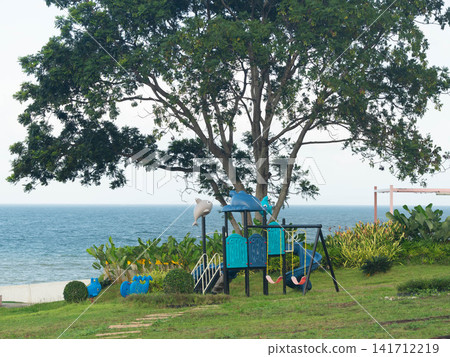 Outdoor playground under a large spreading tree near the lake shore in daylight 141712219