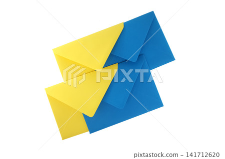 Blue And Yellow Envelopes Stacked For Mail, Letters And Communication Concept On White Background Blue And Yellow Envelopes Stacked For Mail, Letters And Communication Concept On White Background 141712620