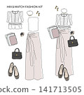 Dress-up fashion kit: Illustration of a stylish outfit featuring a sheer lace blouse and wrap-design wide-leg pants. 141713505