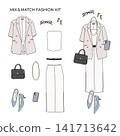 Dress-up fashion kit: Short-sleeved tailored jacket and side-slit long skirt for office casual wear. 141713642