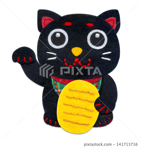 Appliqué illustration of a black beckoning cat holding a gold coin / Right hand raised Appliqué illustration of a black beckoning cat holding a gold coin / Right hand raised 141713716