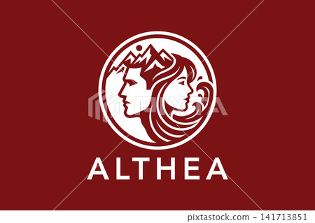 Dual Nature Harmony Logo with Man, Woman Profiles, Mountains, and Ocean Waves 141713851