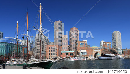 Boston skyline with sailing boat on the foreground, USA Boston skyline with sailing boat on the foreground, USA 141714050