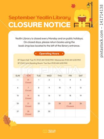 September Autumn Library Closed Schedule Notice Calendar Template Vector Banner September Autumn Library Closed Schedule Notice Calendar Template Vector Banner 141714138