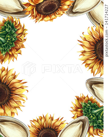 Frame with sunflowers and seeds. Hand-drawn watercolor illustration. Perfect for postcards, packaging and labels, banners, posters, and more. Frame with sunflowers and seeds. Hand-drawn watercolor illustration. Perfect for postcards, packaging and labels, banners, posters, and more. 141714227
