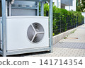 Outdoor heat pump unit installed beside residential building 141714354