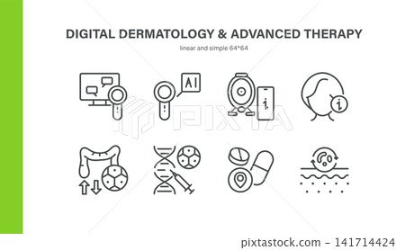 Simple Set of Digital Dermatology and Advanced Therapy Related Vector Line Icons. Contains such Icons as Teledermatology, AI Skin Analysis, Mobile Scanner, Personalized Care and more. Editable Stroke. 141714424
