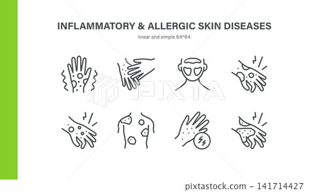 Inflammatory and Allergic Skin Diseases Vector Line Icon Set. Eczema, Dermatitis, Hives, Rash and Skin Allergy Symbols. Editable Stroke. 141714427