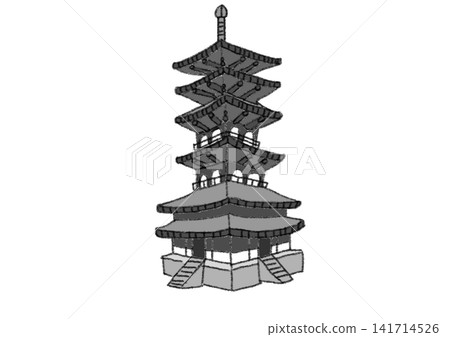 手繪風格的法隆寺五重塔插圖,法隆寺是世界遺產(奈良,斑鳩,單色,黑白,JPG,白色背景)。 手繪風格的法隆寺五重塔插圖,法隆寺是世界遺產(奈良,斑鳩,單色,黑白,JPG,白色背景)。 141714526