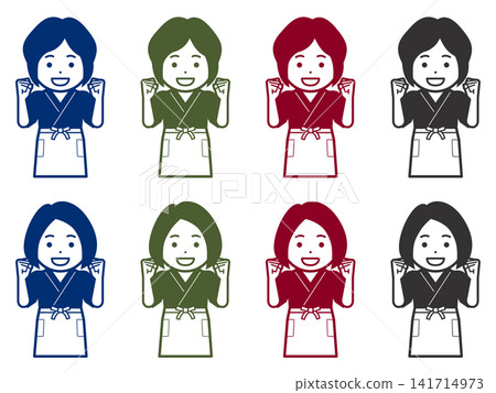 [Solid Color] [Different Hairstyle] Icon of a woman in a samue (traditional Japanese work clothing) and apron making a victory pose 141714973
