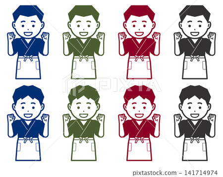 [單色] 身穿日本傳統工作服和圍裙的男子擺出勝利姿勢的圖標。 141714974