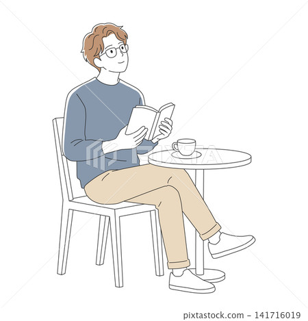 一幅描繪男子在閱讀時突然產生靈感的插圖。 141716019