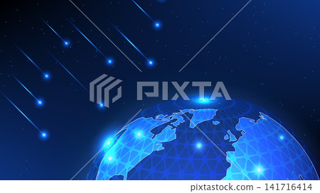 Digital planet earth with glowing network mesh and meteors light, World technology background Digital planet earth with glowing network mesh and meteors light, World technology background 141716414